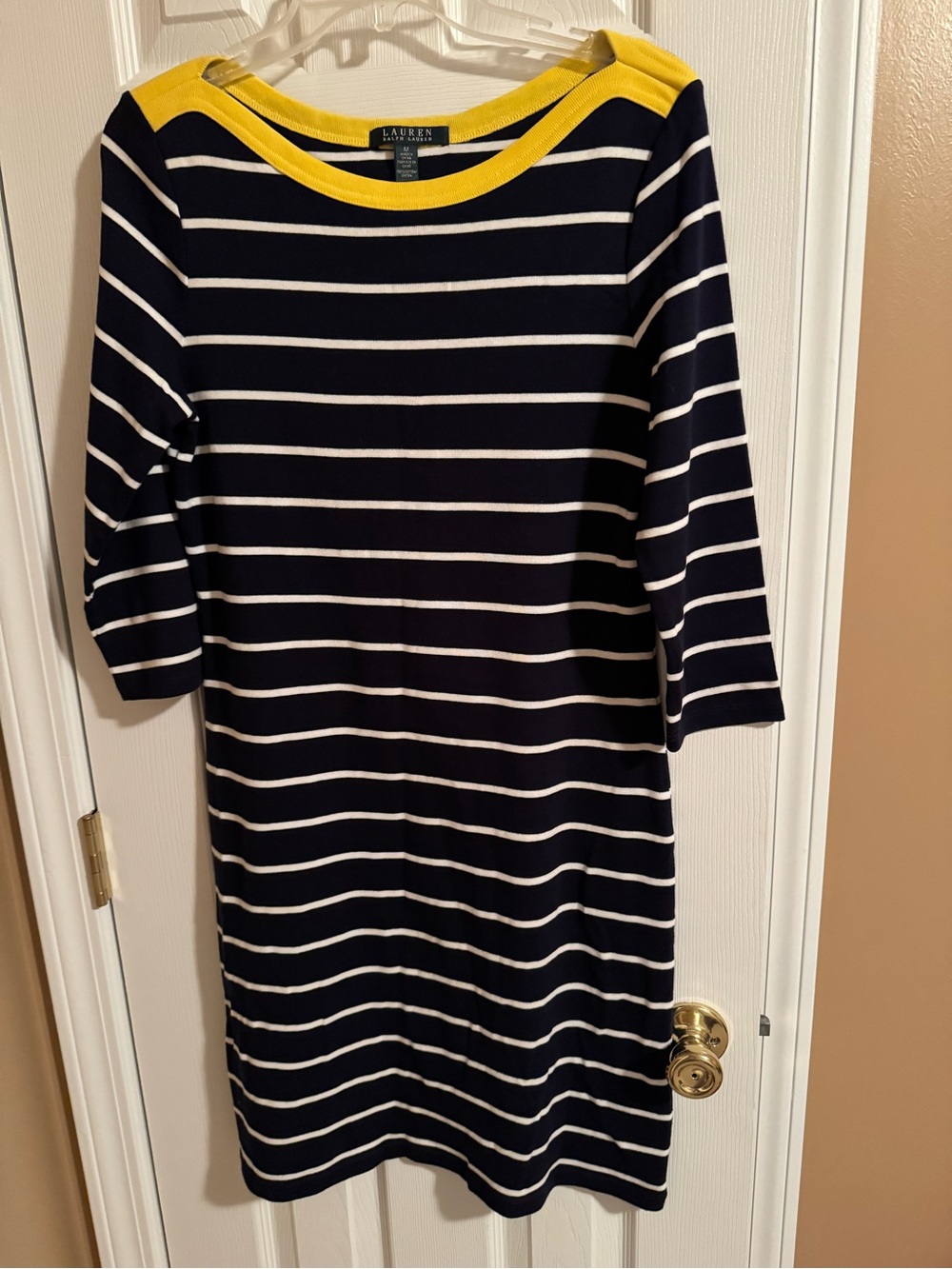 Lauren Ralph Lauren Navy and White Striped Midi Dress with Yellow Trim